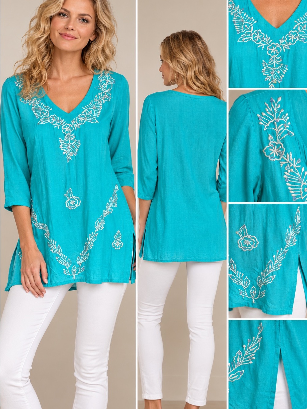 NWT Ace Fashion Turquoise Embroidered V-Neck Tunic M.